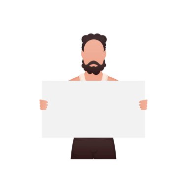 Atletik yapılı bir adam beline kadar ayakta duruyor ve elinde boş bir pankart tutuyor. İzole edilmiş. Çizgi film tarzı. Vektör illüstrasyonu