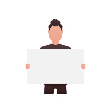 Güçlü fiziği olan bir adam beline kadar ayakta durur ve elinde reklamcılık için boş bir yer tutar. İzole edilmiş. Çizgi film tarzı. Vektör illüstrasyonu