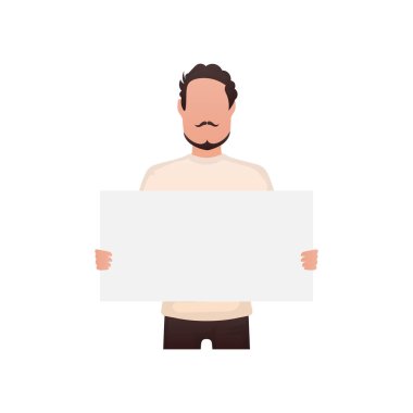 Güçlü fiziği olan bir adam beline kadar ayakta duruyor ve elinde boş bir çarşaf tutuyor. İzole edilmiş. Çizgi film tarzı. Vektör illüstrasyonu