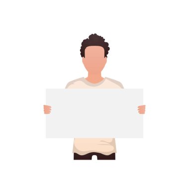 Güçlü fiziği olan bir adam beline kadar ayakta durur ve elinde boş bir pankart tutar. İzole edilmiş. Çizgi film tarzı. Vektör illüstrasyonu