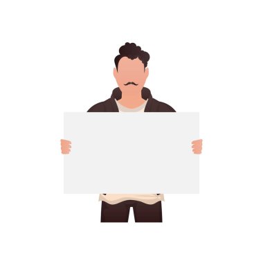 Güçlü fiziği olan bir adamın elinde boş bir pankart vardır. İzole edilmiş. Çizgi film tarzı. Vektör illüstrasyonu