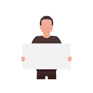 Bir adam elinde boş bir tablet tutuyor. İzole edilmiş. Çizgi film biçimi.