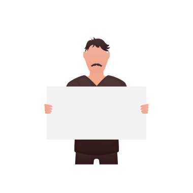 Bir adam beline kadar ayakta duruyor ve elinde boş bir çarşaf tutuyor. İzole edilmiş. Çizgi film biçimi.