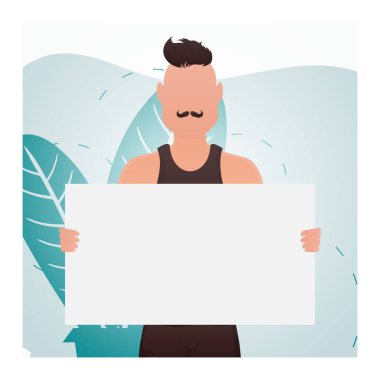 Odadaki atletik yapılı bir adam beline kadar ayakta duruyor ve elinde boş bir tabela tutuyor. Toplanın. Çizgi film biçimi.