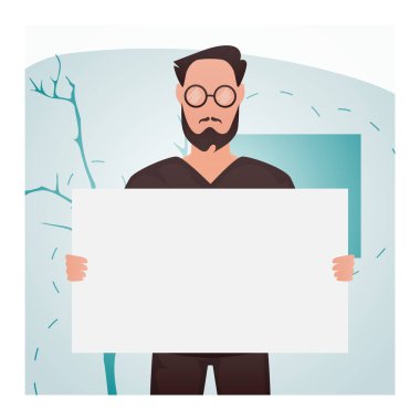 Güçlü fiziği olan bir adam beline kadar ayakta duruyor ve elinde boş bir çarşaf tutuyor. Reklamınız için yer açın. Çizgi film biçimi.