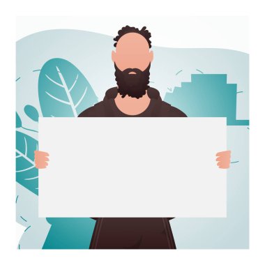 Bir adam beline kadar ayakta duruyor ve elinde boş bir çarşaf tutuyor. Reklamınız için yer açın. Çizgi film biçimi.