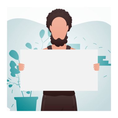 Bir adam beline kadar ayakta duruyor ve elinde boş bir pankart tutuyor. Toplanın. Çizgi film biçimi.