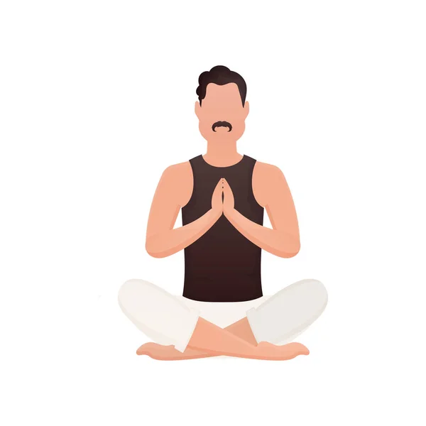 Guy Sits Lotus Position Meditates Isolated Cartoon Style Vector Illustration — 스톡 벡터