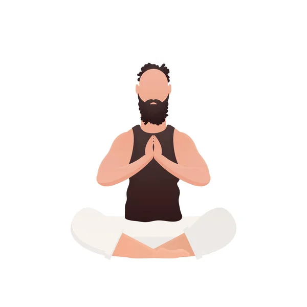 Young Guy Sits Lotus Position Isolated Cartoon Style Vector Illustration — 스톡 벡터