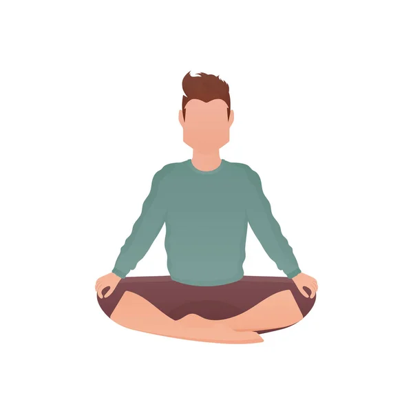 Guy Strong Physique Sits Lotus Position Isolated Cartoon Style Vector — 스톡 벡터
