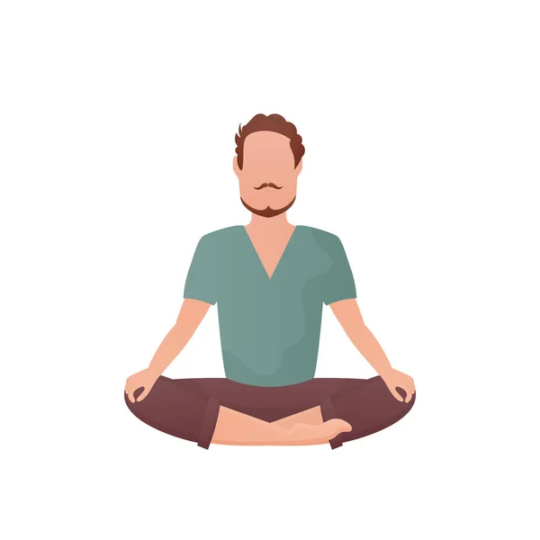 Man Sits Meditating Lotus Position Isolated Cartoon Style Vector Illustration — Stock Vector