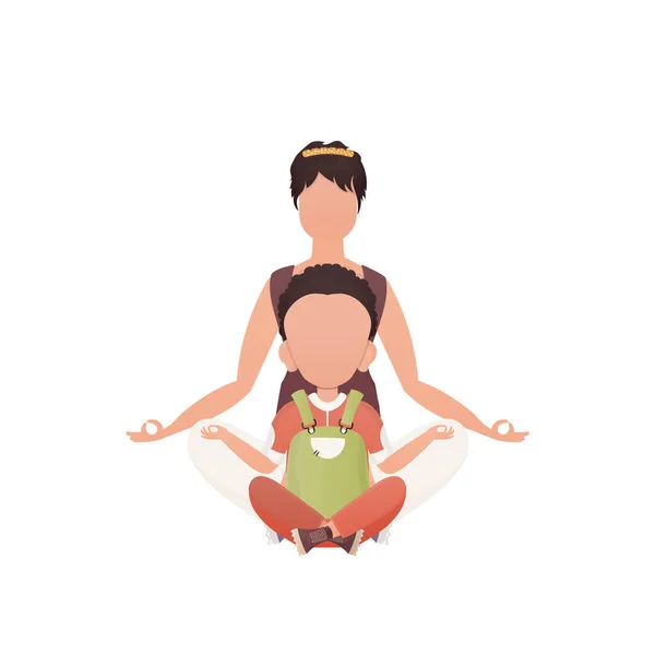 可愛い赤ちゃんを持つ女の子が蓮の花の位置で瞑想に座っています 隔離されてる 漫画風 ベクターイラスト — ストックベクタ