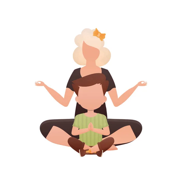 Woman Little Boy Sitting Doing Yoga Isolated Cartoon Style Vector — ストックベクタ