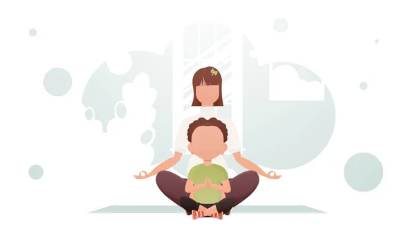 Mom Son Sitting Meditating Lotus Position Yoga Cartoon Style Vector - Stok Vektor