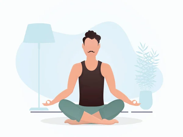 Homem Senta Numa Sala Fazer Meditação Meditação Estilo Dos Desenhos —  Vetores de Stock
