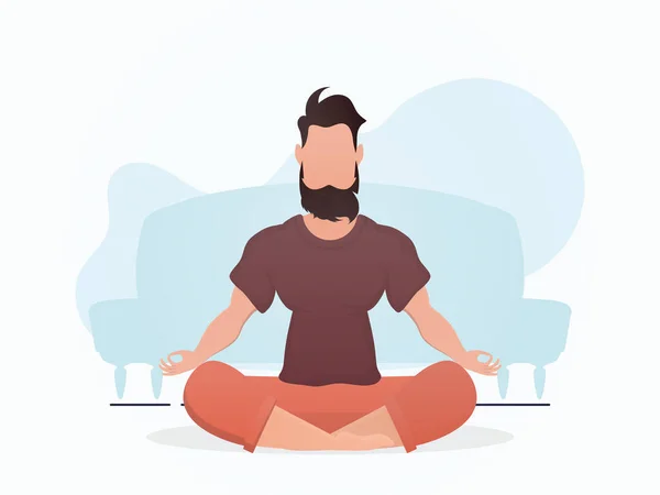 Cara Com Físico Forte Senta Meditando Posição Lótus Yoga Estilo —  Vetores de Stock