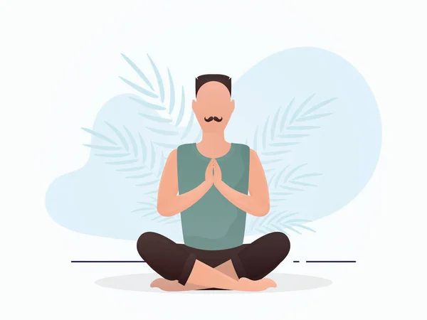 Man Sits Room Does Yoga Yoga Cartoon Style Vector Illustration — Vector de stock