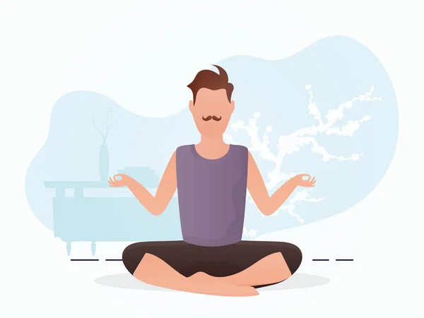 Guy Strong Physique Sits Meditating Yoga Cartoon Style Vector Illustration — Stock Vector
