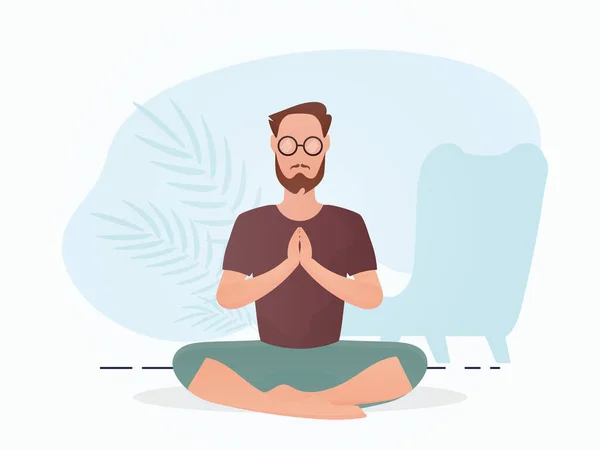 Guy Strong Physique Sitting Doing Yoga Meditation Cartoon Style Vector — Vetor de Stock