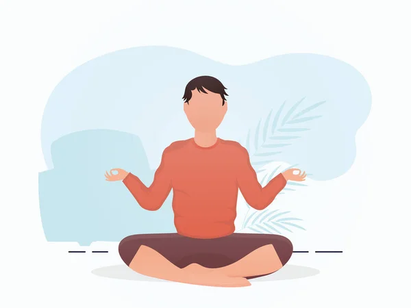 Guy Strong Physique Sits Meditating Meditation Cartoon Style Vector Illustration — Stock Vector