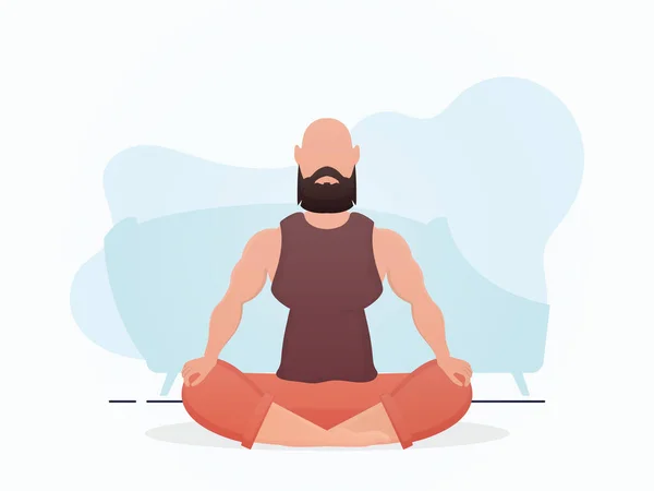 Homem Senta Medita Yoga Estilo Dos Desenhos Animados Ilustração Vetorial —  Vetores de Stock