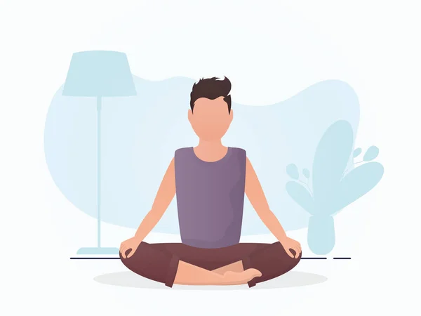 Man Sits Meditating Lotus Position Meditation Cartoon Style Vector Illustration — Stock Vector