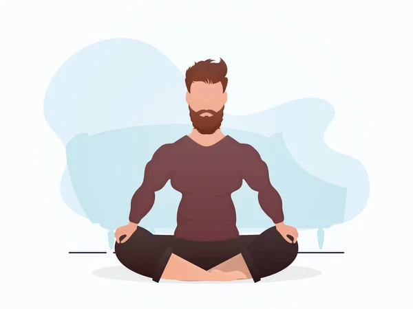 Homem Senta Medita Meditação Estilo Dos Desenhos Animados Ilustração Vetorial —  Vetores de Stock