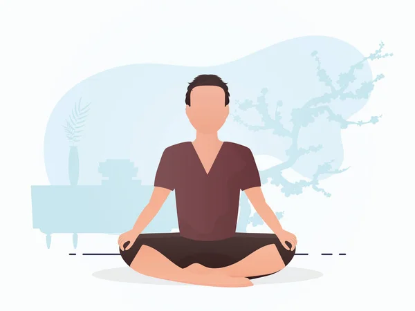 Homem Está Sentado Fazer Ioga Yoga Estilo Dos Desenhos Animados —  Vetores de Stock