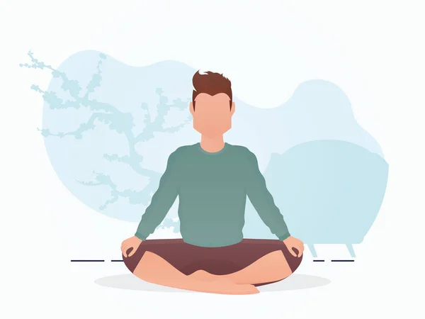 Homem Está Sentado Fazer Ioga Meditação Estilo Dos Desenhos Animados —  Vetores de Stock