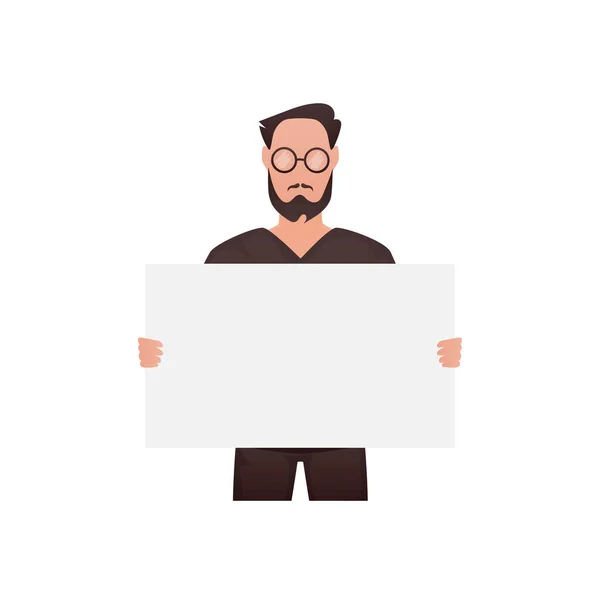 A man stands waist-deep and holds an empty space for advertising in his hands. Isolated. Cartoon style. — Stock Vector