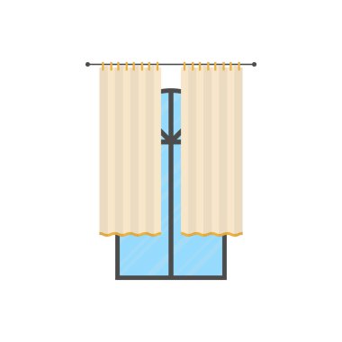 Perdeli büyük bir pencere. İzole edilmiş. Düz stil. Vektör illüstrasyonu