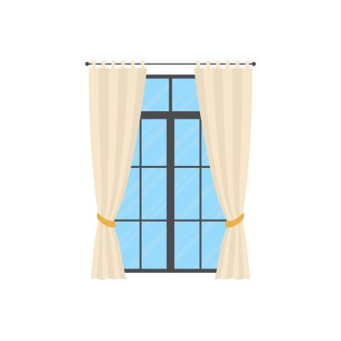 Beyaz perdeli panoramik pencere. İzole edilmiş. Düz stil. Vektör illüstrasyonu