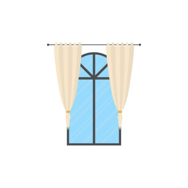 Perdeli panoramik pencere. İzole çizgi film tarzı. Vektör illüstrasyonu