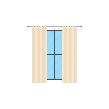 Perdeli panoramik pencere. İzole edilmiş. Düz stil. Vektör illüstrasyonu