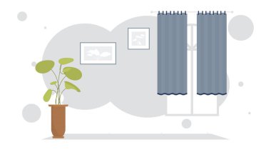 Perdeleri ve çiçekleri olan oturma odası. Oda tasarımı çizgi film tarzı. Vektör illüstrasyonu