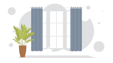 Perdeleri ve süs bitkisi olan oturma odası. İç mekan. Düz stil. Vektör illüstrasyonu