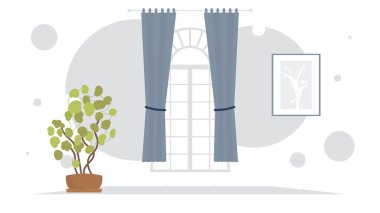 Perdeleri ve penceresi olan oturma odası. Oda tasarımı çizgi film tarzı. Vektör illüstrasyonu