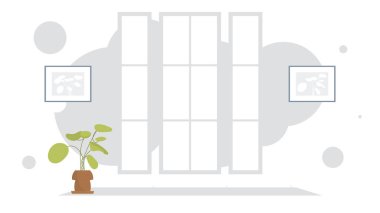 Perdeleri ve penceresi olan oturma odası. İç mekan. Düz stil. Vektör illüstrasyonu