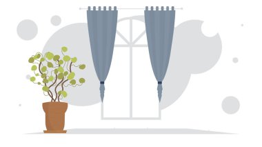 Perdeleri ve penceresi olan oturma odası. İç mekan. Çizgi film tarzı. Vektör illüstrasyonu