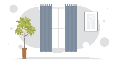 Karikatür tarzı dekoratif ev bitkisi tasarımlı bir oda. Vektör illüstrasyonu