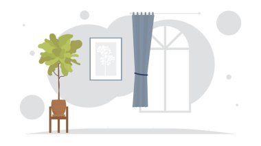 Çiçekli oda. İç mekan. Çizgi film tarzı. Vektör illüstrasyonu