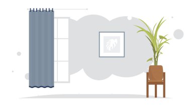 Penceresi olan bir oda. Oda tasarımı. Düz stil. Vektör illüstrasyonu