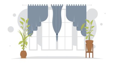 Penceresi olan bir oda. İç mekan. Çizgi film tarzı. Vektör illüstrasyonu