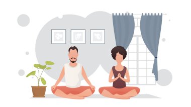 İyi yapılı bir adam ve genç bir kız bir odada meditasyon yapıyorlar. Yoga. Çizgi film tarzı. Vektör illüstrasyonu