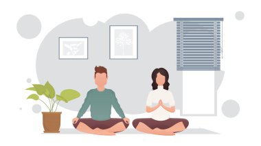 Güçlü fiziği olan bir adam ve genç bir kız odada yoga yapıyorlar. Meditasyon. Çizgi film tarzı. Vektör illüstrasyonu