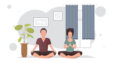 İyi yapılı bir adam ve genç bir kız bir odada meditasyon yapıyorlar. Meditasyon. Çizgi film tarzı. Vektör illüstrasyonu