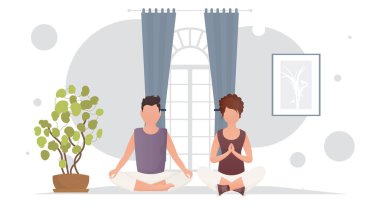 Adam ve kız odada meditasyon yapmakla meşguller. Meditasyon. Çizgi film tarzı. Vektör illüstrasyonu