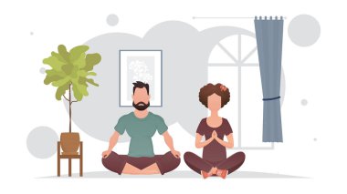 Bir adam ve bir kadın bir odada lotus pozisyonunda otururlar. Yoga. Çizgi film tarzı. Vektör illüstrasyonu