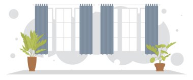 Perdeleri ve süslü bitkileri olan geniş bir oturma odası. İç mekan. Düz stil. Vektör illüstrasyonu