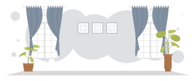 Perdeleri ve çiçekleri olan geniş bir oturma odası. İç mekan. Düz stil. Vektör illüstrasyonu